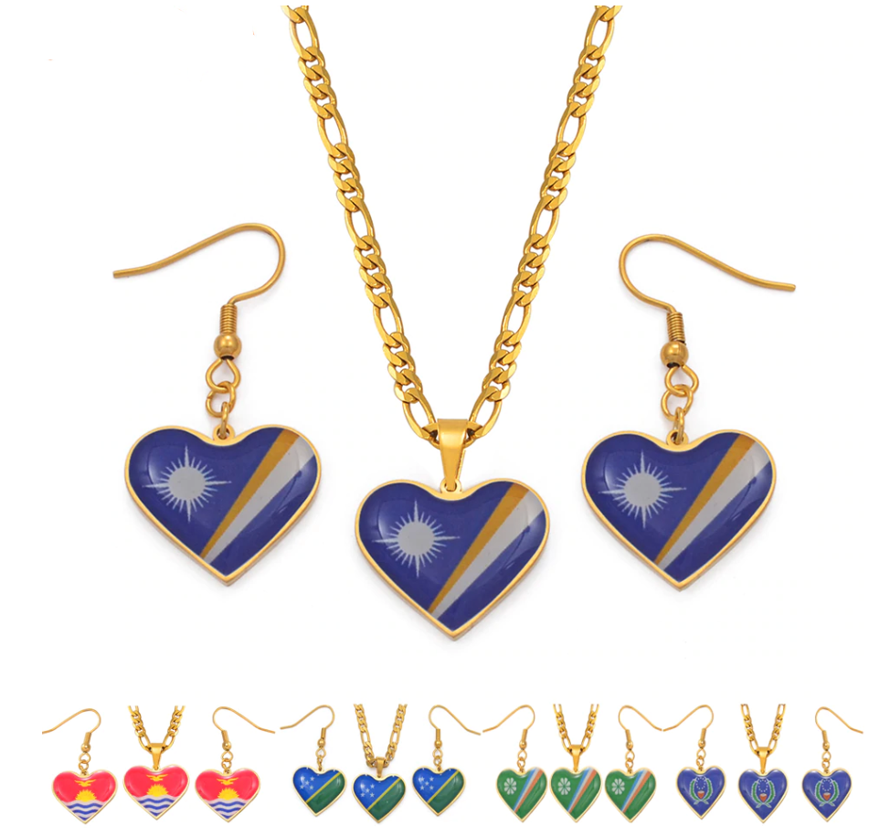 Micronesia Heart Flag Chain & Drop Earrings Set