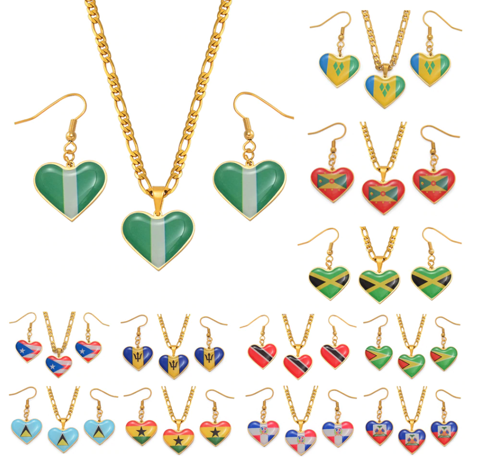 National Flag Heart Chain & Drop Earrings Set