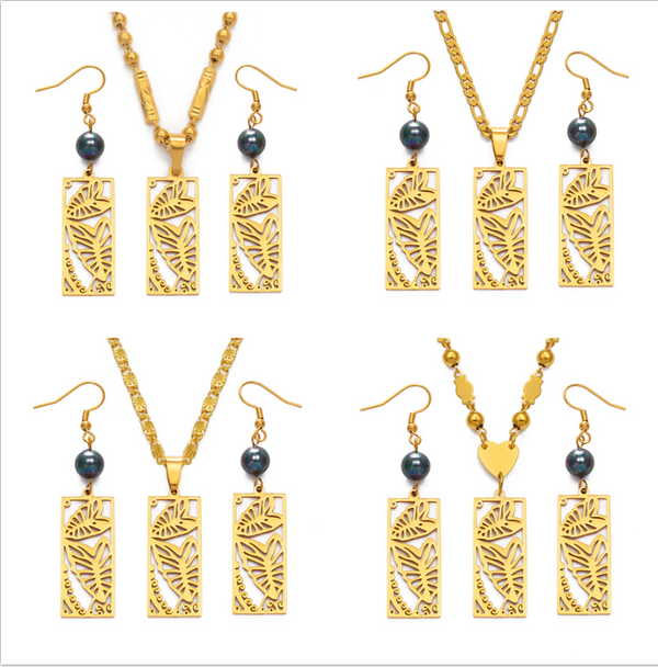 Hawaii Black Leaf Pearl Chain & Earrings Set